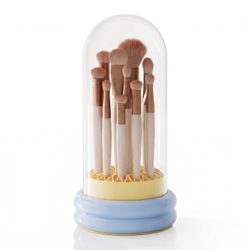 Image of Birch & Co. 4-in-1 Makeup Brush Holder Organizer with Dustproof Lid,Silicon Brush Cleaning Mat & Hanging Drying Rack, Portable Makeup Organisers Case for Sponges, Puffs & Brushes, Blue & Yellow