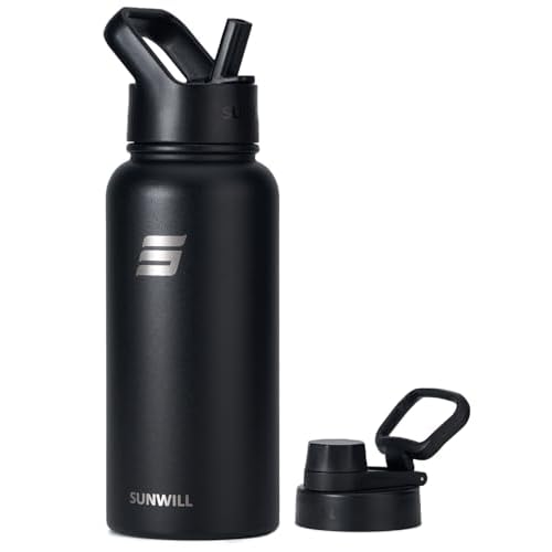 SUNWILL Insulated Water Bottle with Straw, 32 oz Vacuum Stainless Steel Metal Sports Water Bottle with Straw and Spout lid, Wide Mouth, Leak proof, Powder Coated Black