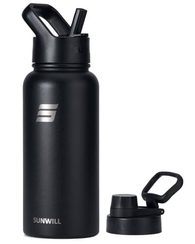 SUNWILL Insulated Water Bottle with Straw, 32 oz Vacuum Stainless Steel Metal Sports Water Bottle with Straw and Spout lid, Wide Mouth, Leak proof, Powder Coated Black SUNWILL Insulated Water Bottle with Straw, 32 oz Vacuum Stainless Steel Metal Sports Water Bottle with Straw and Spout lid, Wide Mouth, Leak proof, Powder Coated Black