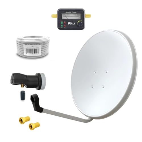 ARLI 60cm HD Sat Anlage Single LNB + Satfinder + 15m Kabel 1 Teilnehmer lichtgrau/Weiss UHD 4K FullHD