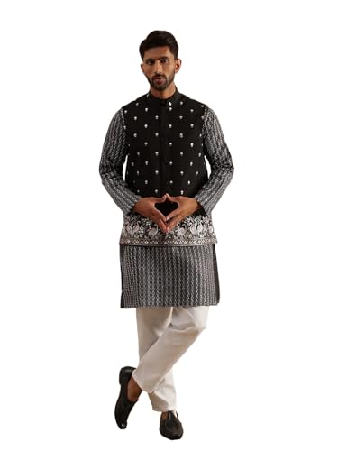 Image of SOJANYA Men's Silk Blend Black Kurta and White Pyjama With Daman Embroidered Black Nehru Jacket