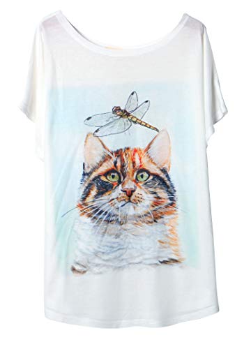 Luna et Margarita T-Shirt Femme Blanche Manche Chauve-Souris Col Rond Coton Mélange à Motif...