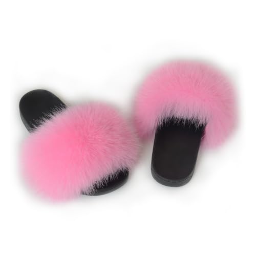 Image of Women's Faux Fur Slides Slippers Fluffy Fuzzy Sandals Open Toe Furry Slide Flip Flop Indoor Outdoor