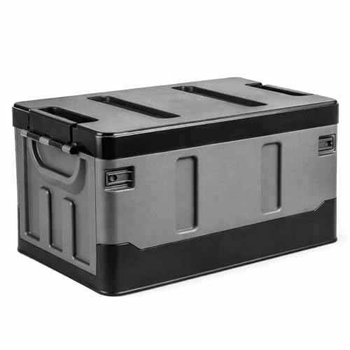 車用収納ボックス 折りたたみ トランク収納 大容量 コンテナボックス 車載収納 蓋付き 耐荷重140kg キャンプ収納 (フラット蓋, 35L)