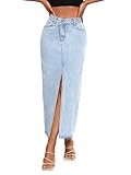Women's High Waist Maxi Denim Skirt Front Split Frayed Raw Hem A line Casual Long Jean Skirt Light Blue L.