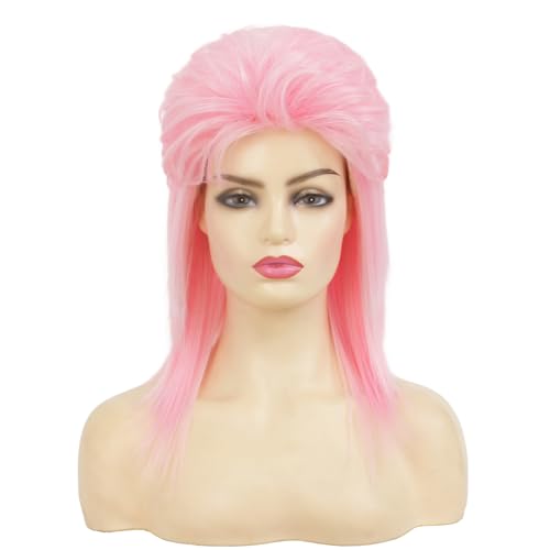 Image of Swiking Pink Mullet Wigs for Women 70s 80s Rocker Shoulder Length Hair Shaggy Layered Fluffy Wig Cosplay Halloween Costume Replacement Wigs(Pink