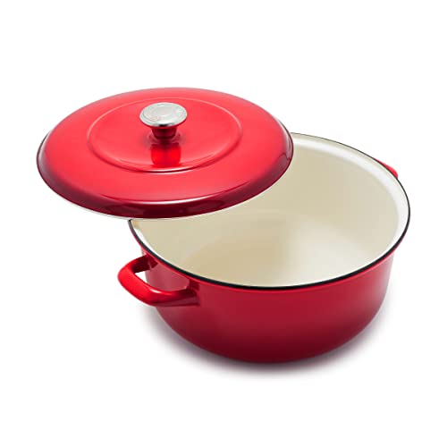 Merten & Storck 5.3QT Round Dutch Oven Casserole Pot with Lid, European Crafted Enameled Iron Stockpot, Induction & All Cooktops, Braising, Stews, Roasting, Slow Cooking, Sourdough, Foundry Red
