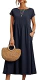 Kubsid Long Navy M Dresses for Women 2024 Summer Cotton Linen Solid Short Sleeve Gauze Dress Crewneck Loose Casual Beach Vacation Flowy Short Dress with Pockets