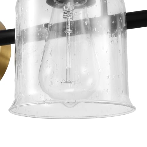 Image of Globe Electric 4-Piece All-in-One Bathroom Set, Matte Black, 3-Light Vanity Light with Seeded Glass Shades and Matte Brass Accents, Towel Bar, Toilet Paper Holder, Towel Ring