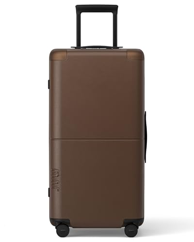 July Checked 80/20 with CaseSafe - 28.8 Built in Tracking Airline Approved Check In Luggage with Wheels Spinner Suitcase for Men & Women - Rolling Suitcase Spinner Wheels Y-Strap - Dark Brown