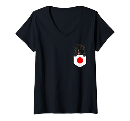 Womens Japan Flag Bouvier des Flandres Dog In Pocket V-Neck T-Shirt, Black