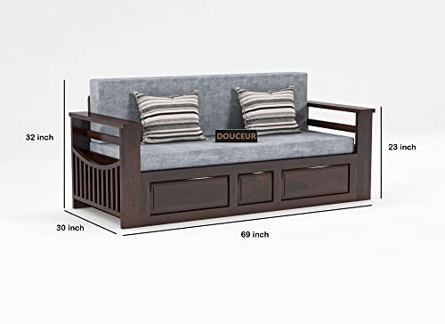 Image of Douceur Furnitures Solid Sheesham Wooden Sofa Cum Bed Queen Size with Storage for Living Room | Wooden Foldable 3 Seater Sofa Cum Bed with Headboard Folding Double Bed for Home Bedroom (Walnut)