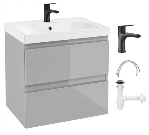 Rubinetto nero come punto forte di design: il rubinetto nero incluso nel set e lo scarico abbinato completano perfettamente il lavabo da bagno con mobiletto e danno un tocco elegante ai bagni moderni; così il tuo lavabo da bagno con mobiletto diventa il centro dell'elegante centro del tuo lavandino.
