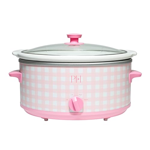 Image of Paris Hilton 6-Quart Manual Slow Cooker, Features Three Settings (Low, High, Warm), Naturally Nonstick and Dishwasher Safe Stoneware Insert, Family Sized Capacity, Gingham Pink