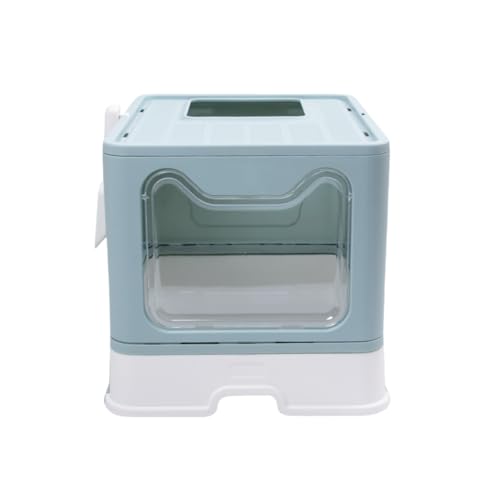 NIGOE猫 システムトイレ、猫用プラスチックスクープ付きトップエントリー猫用トイレ大型、蓋付きの折りたたみ式大容量猫用トイレ、カバー折りたたみ大皿付き, 38×44×51cm ラージ マルチカラー、15kg以下の猫用 (ブルー)