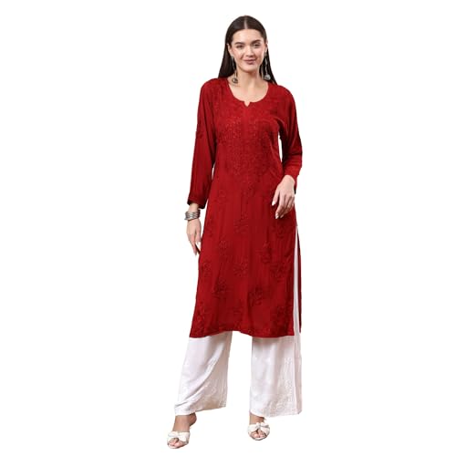 Image of POSHAK CHIKAN STUDIO Women's Hand Embroidered Lucknowi Chikankari Modal Straight Long Kurta, heer