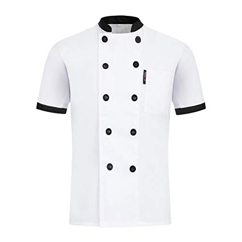 Jiyaru Veste de Chef Cuisinier à Manches Courtes Veste Cuisine Unisexe Universelle avec Poche Blouse Manteau Uniforme pour Hôtel Restaurants Cafés Boulangerie Blanc Taille Asiatique M