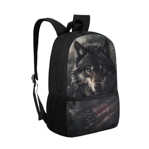 Girls Bookbags Ages 9-12 American Flag Wolf Backpack for Boys Preschool Lightweight 17 Inch School Bags with Front Pockets for Kindergarten Childrens Daily Wear or Casual Daypack2