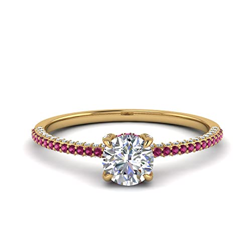 Image of Choose Your Gemstone Delicate Hidden Halo Diamond CZ Ring Yellow Gold Plated Round Shape Petite Engagement Rings Minimal Modern Design Birthday Gift Wedding Gift US Size 4 to 12