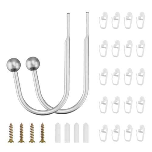 2 unidades de cortinas con forma de U, color gris plateado y gris con 20 deslizadores de cortina, alzapaños de metal para colgar en la pared, en forma de U, soportes para cortinas en forma de U