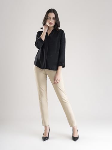 Image of FableStreet Women Shirt Work & Casual | Relaxed Fit Mandarin V-Neck Three-Quarter Sleeves Solid Pattern | Breathable Woven Fabric for Office & Everyday Wear