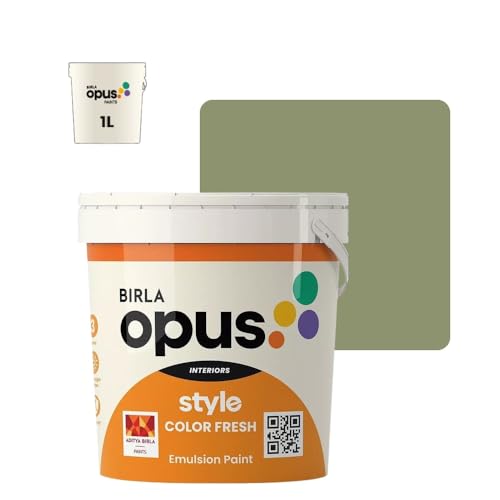 Image of Birla Opus Style Color Fresh Interior Emulsion Paint (1L, Bruised Green Color, Smooth Matte Finish)-Fade, peel-off and Chalking resistant-For Bedroom, Living room, Interior Walls