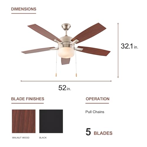 52" Modern Indoor Ceiling Fan with LED Light, Pull Chain Control, Reversible AC Motor, Walnut/Black4