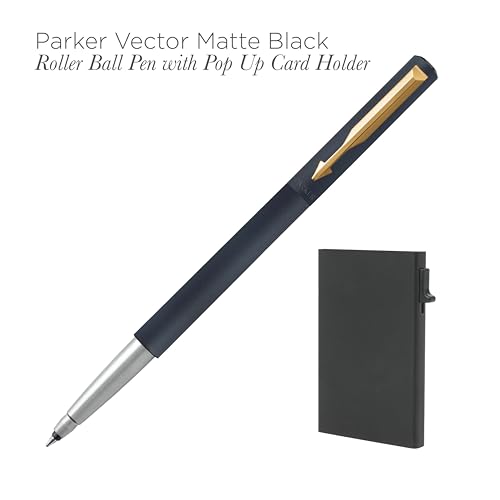Image of Parker Vector Matte Black Gold Trim Roller Ball Pen and Card Holder, Blue Ink, Medium Point - Gift Set for Professionals, Executives, and Students
