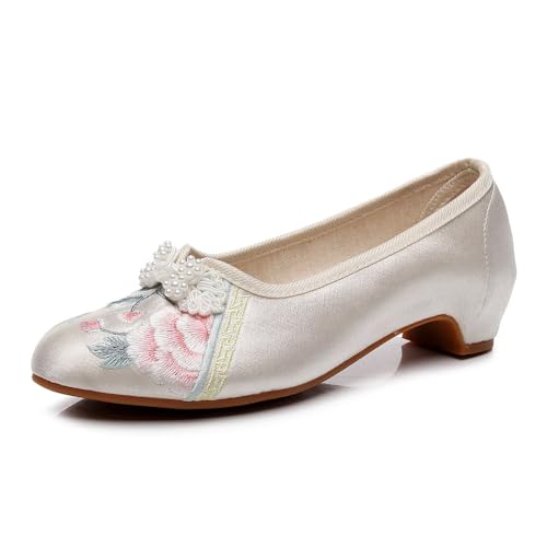 Women's Retro Classic Ballet Flats Shoes Pointed Toe Low Heel Mary Jane Shoes Handmade Floral Embroidered Shoes for Women Cheongsam Shoes