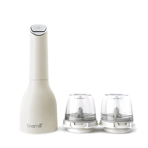 FinaMill Juego de molinillo de sal y pimienta que funciona con pilas, ajustable, luz LED, molienda de cerámica, 2 cápsulas ProPlus de cambio rápido