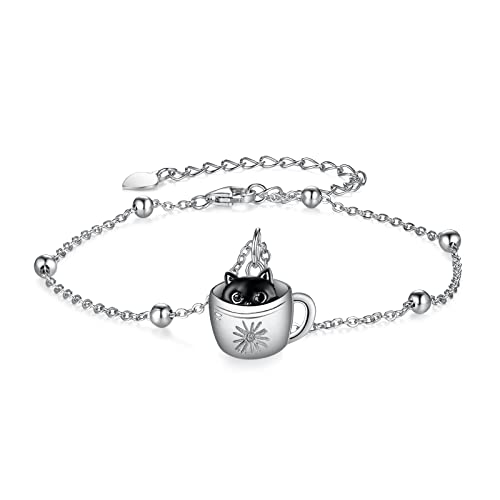 Black Cat Bracelet for Women 925 Sterling Silver Cup Cat Dangle Bracelets Cute Animal Drop Beads Hand Link Jewelry Gifts for Women Mom Wife
