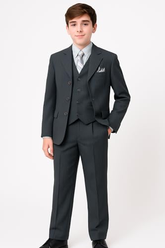 Boys Pinstripe Suit Set with Matching Tie LTGY 14 Light Grey - Thumbnail 5