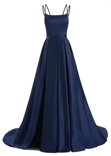 HSFIYAKJ Satin Prom Dresses Long Ball Gown A Line Spaghetti Straps Pleated Formal Evening Dress for Women with Pockets