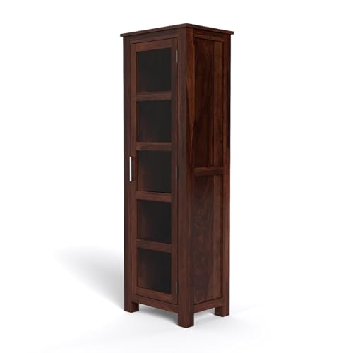 Image of SUNCOM Solid Sheesham Wood Book Shelf - Showcase Glass Door Crockery Storage Unit Or Bookcase, 5-Shelf Wooden Book Rack, Display Cabinet Furniture for Home, Kitchen & Library Areas (Walnut Finish)