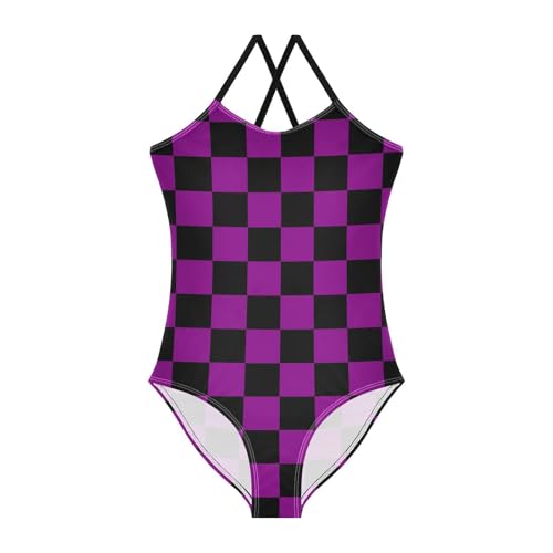 Image of Black and White Chess Girls One Piece Swimsuits Board Marble Tile Sport Halter Swimwear Beach Bathing Suit 3T