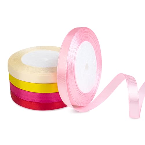 Tiergrade Cinta de satén, 10 mm x 22 metros, cinta de seda para manualidades, 5 cintas de colores para envolver regalos, cinta de tela para lazos para el pelo, fabricación de lilas, bodas, decoración