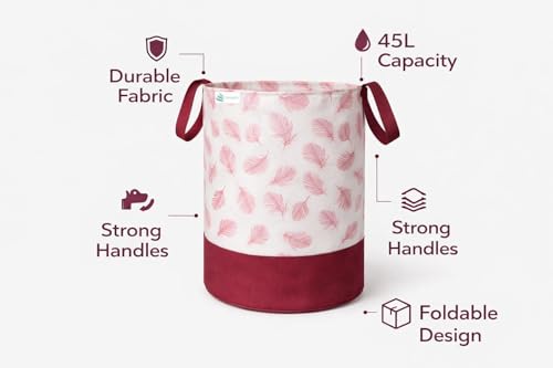 Image of UNICRAFT Leaf Design Laundry Bag 45L | Foldable Fabric Laundry Basket with Handles | Printed Storage Organizer for Clothes, Toys & Home Use (Maroon, Pack of 1)