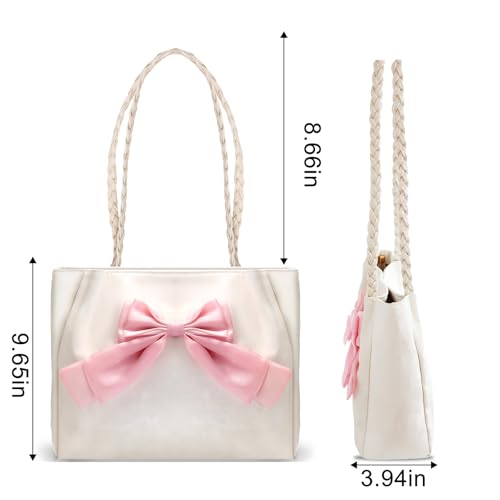 Bow Tote Bag Purse Cute Handbag with Zipper for Women Teens School White Pink Coquette Shoulder Bag Casual Aesthetic Messenger Bags Large Crossbody Tote Bags Trendy Preppy Bow Stuff Gift2