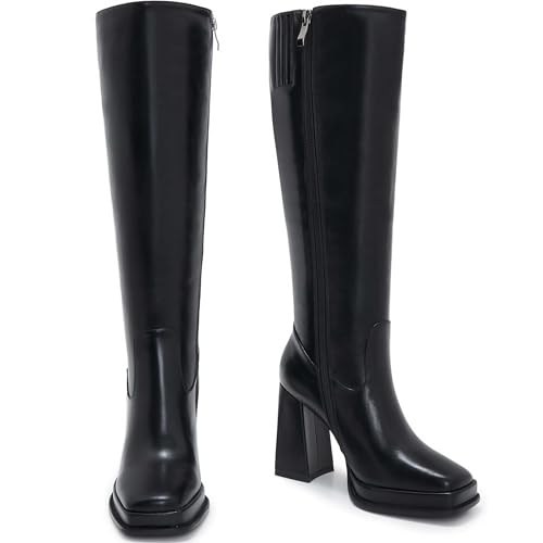 ZXHYZLZ Slim Calf Boot Knee High for Women Square Toe Chunky Heeled Platform Tall4