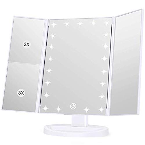 Mpowtech Makeup Mirror 21 Led Vanity Mirror with Lights, 1x 2x 3x Magnification, Touch Screen Switch, 180 Degree Rotation, Dual Power Supply, Portable Trifold Makeup Mirror (White)
