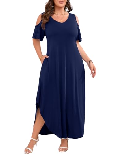 Image of JollieLovin Womens Plus Size Casual Summer Maxi Long Dress Cold Shoulder V Neck Beach Sundresses