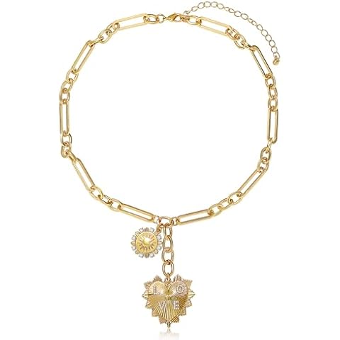 MISS RIGHT Gold Love Heart Sun Charm Chunky Paperclip Chain for Women Trendy 18K Gold Plated Coin Pendant Choker Necklace Unique Cubic Zirconia Jewelry Gifts for Her Cover