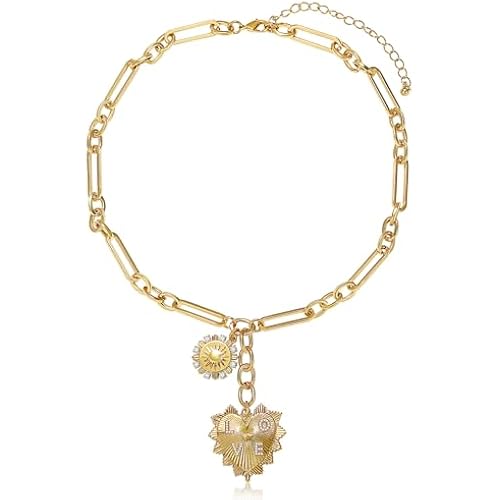 Gold Love Heart Sun Charm Chunky Paperclip Chain for Women Trendy 18K Gold Plated Coin Sunflower Pendant Choker Necklace Hip Hop Jewelry Gifts for Her