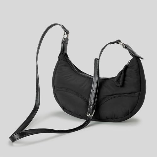 Sac à bandoulière nylon matelassé femme sacoche demi-lune légère pratique