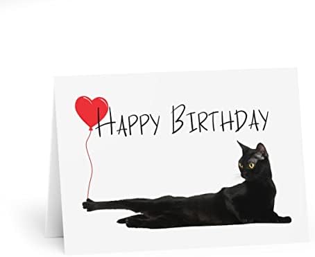 Happy Birthday Card with Cats, Black cat Birthday Card Baloon, Greeting Card cat