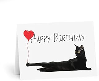 Happy Birthday Card with Cats, Black cat Birthday Card Baloon, Greeting Card cat