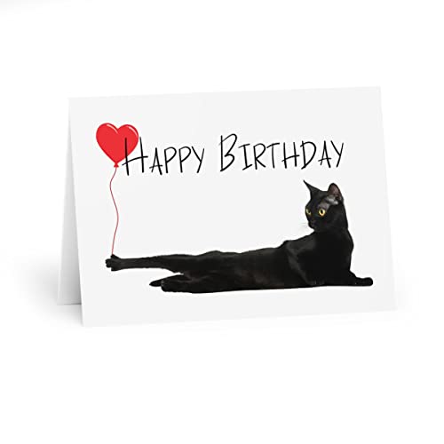 Happy Birthday Card with Cat - Black Cat with Balloon Design - Fun Greeting Card for Cat Lovers