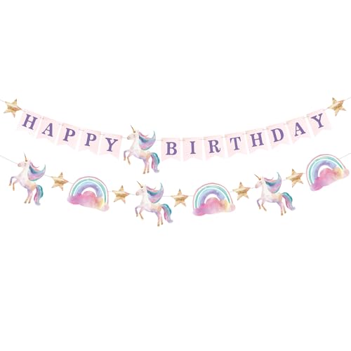 Modern Whimsy Unicorn Birthday Banner Set | Unicorn Party Decorations & Rainbow Party Supplies | 2 Matching Pre-Strung Banners - Happy Birthday Sign & Rainbow Unicorn Garland
