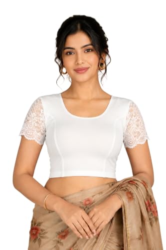 Image of Abhi Cotton Readymade Saree Blouse for Women- Half Net Sleeves, Round Neck, Regular-fit, Stretchable, Pull-on Style Blouse