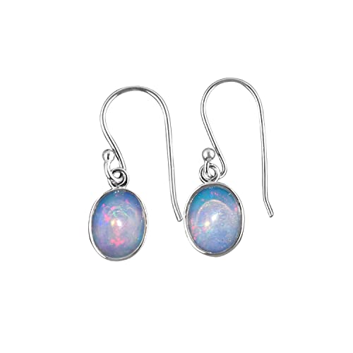 Rhodium Plated 925 Sterling Silver Ethiopian Opal Crystals Earrings, Natural Gemstone, Oval Bezel Dainty Earrings, Handmade Dangling Jewelry, October Birthstone, Gift for Women